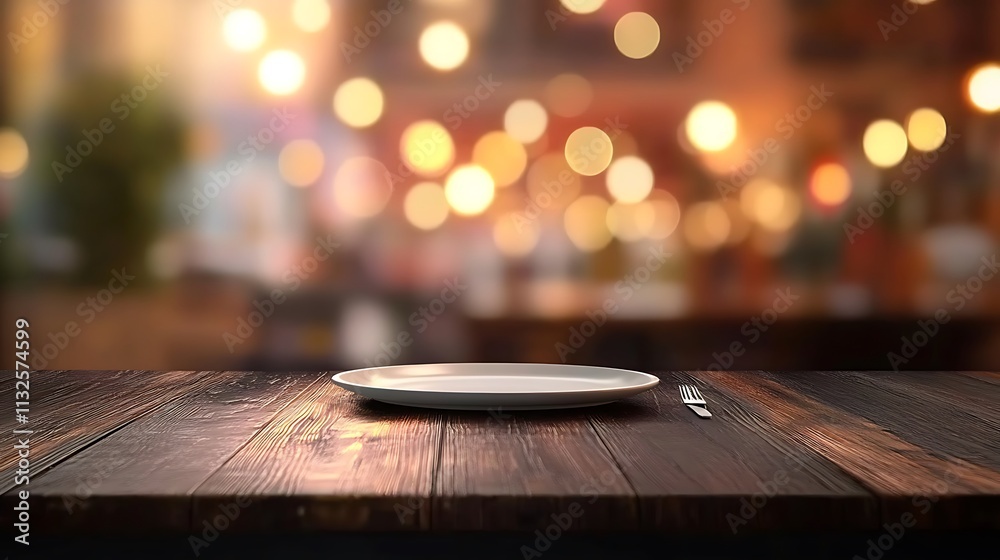 Obraz premium A dark wooden table with natural grain patterns, featuring a clean white plate and shiny silver cutlery, blurred golden sparklers glowing warmly in the background, cinematic ambiance,
