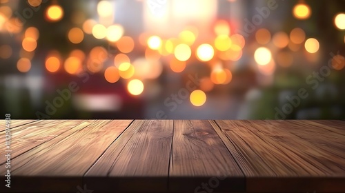 A farmhouse-style wooden table with intricate grain patterns, surrounded by blurred candles glowing warmly and garlands with festive lights, soft bokeh effect, cozy and tranquil lighting,