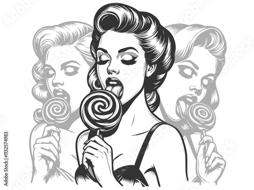 woman eats lollipop, combining retro charm with a playful, sweet moment sketch engraving generative ai fictional character vector illustration. Scratch board imitation. Black and white image.