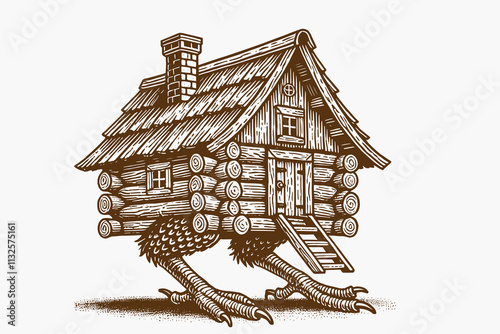Baba Yaga's hut on chicken legs, vintage folklore woodcut style