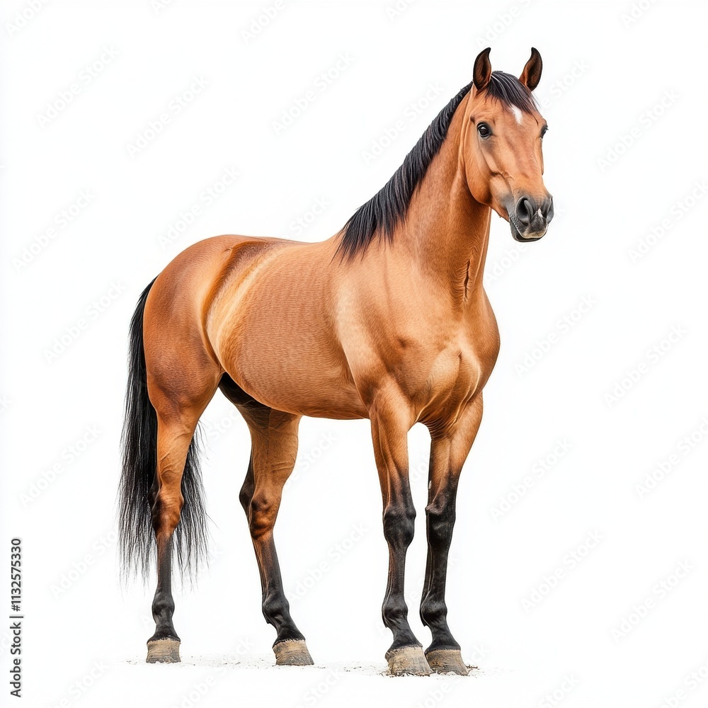 Fototapeta premium Majestic Brown Horse Standing Proudly in a Studio Setting with a Clean White Background, Showcasing Its Strong Build and Glossy Coat