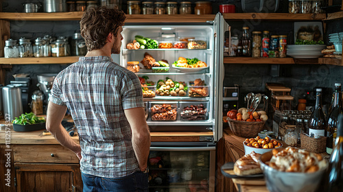 Person examines a well-stocked refrigerator in a cozy kitchen filled with fresh ingredients and various dishes. Generative AI