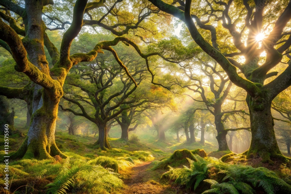 Fototapeta premium Kinclaven's misty oak woodland, Perthshire. A minimalist photographic study of Scottish nature.