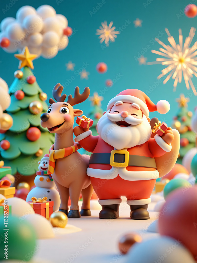 Naklejka premium Santa Claus and Reindeer Joyfully Celebrating Christmas