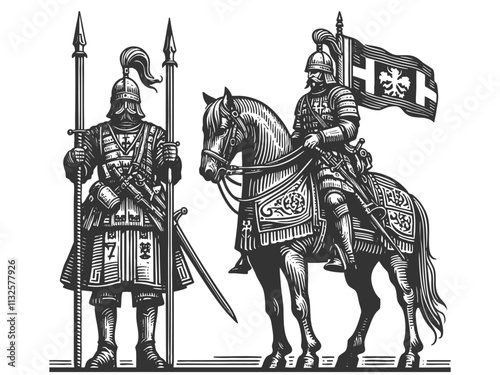 medieval knights, one on horseback with a flag and another standing with spears, wearing armor sketch engraving generative ai vector illustration. Scratch board imitation. Black and white image.