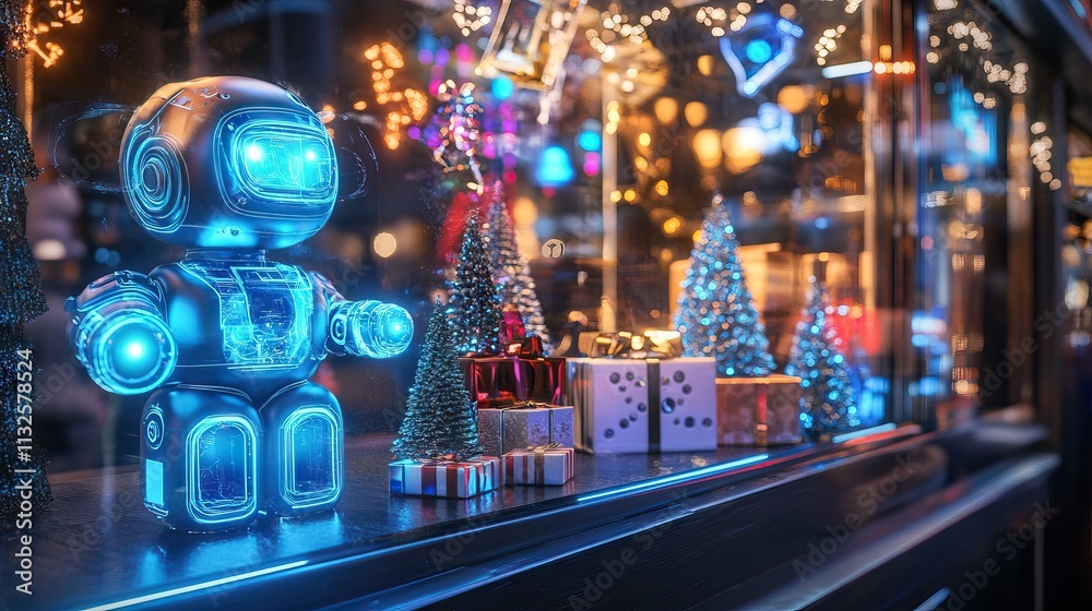 Obraz premium Blue-lit robot with festive decor and twinkling gifts
