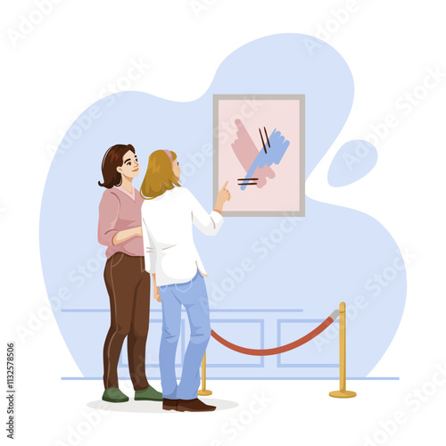 Two individuals admire abstract artwork in a museum gallery with a minimalist background, symbolizing art appreciation and culture. Vector illustration.