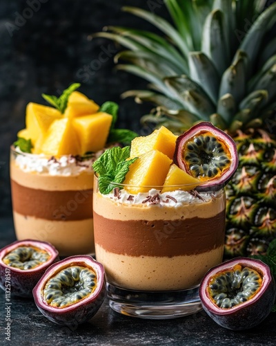 Two layered desserts with mango and passion fruit, garnished with mint leaves. photo