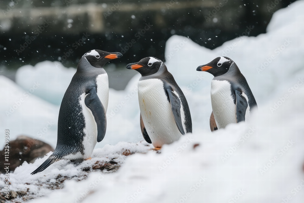 Fototapeta premium Penguins gather on an icy coast surrounded by snow and icebergs in a cold habitat