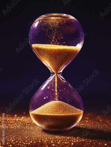 Hourglass with golden sand on a dark background. photo