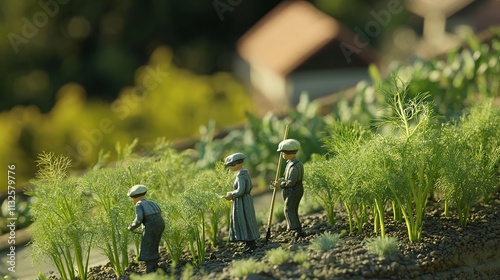 Tiny farmers tend to fennel plants against a verdant backdrop.  photo