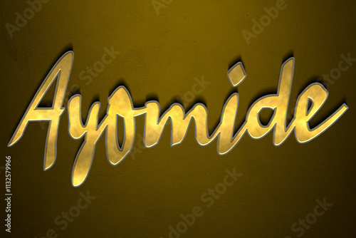 Old gold text effect of Nigerian Pidgin name Ayomide with 3D glossy style Mockup. photo