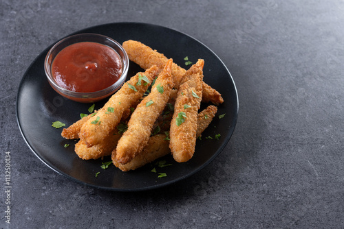 Breaded Torpedo shrimps on black slate background
