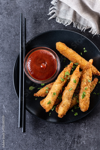 Breaded Torpedo shrimps on black slate background