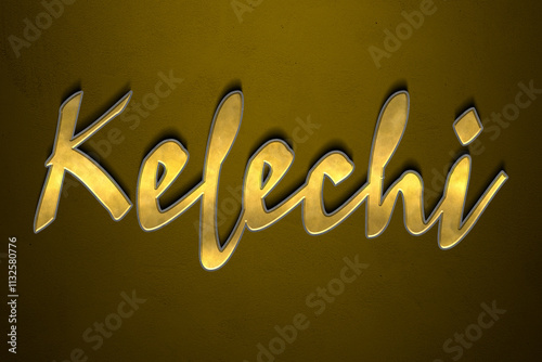 Old gold text effect of Nigerian Pidgin name Kelechi with 3D glossy style Mockup. photo