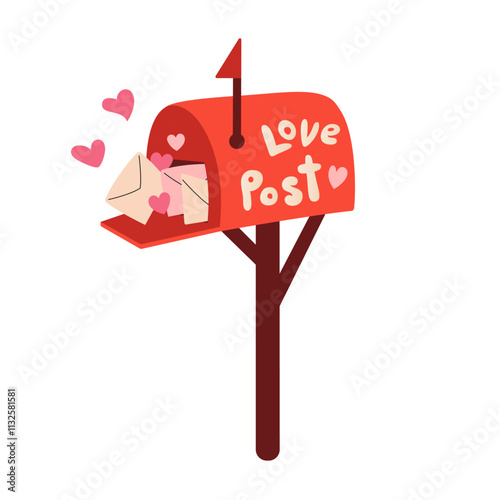 Red mailbox with love letters and hearts. Valentine's day card. Love mail, tradition of sending valentines with confession of love. February 14 celebration. Square Background. Vector flat illustration