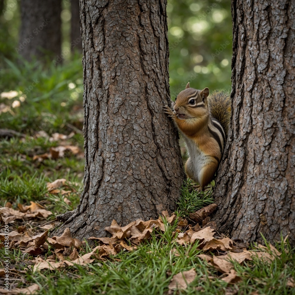 Fototapeta premium A chipmunk gathering acorns beneath towering pine trees.