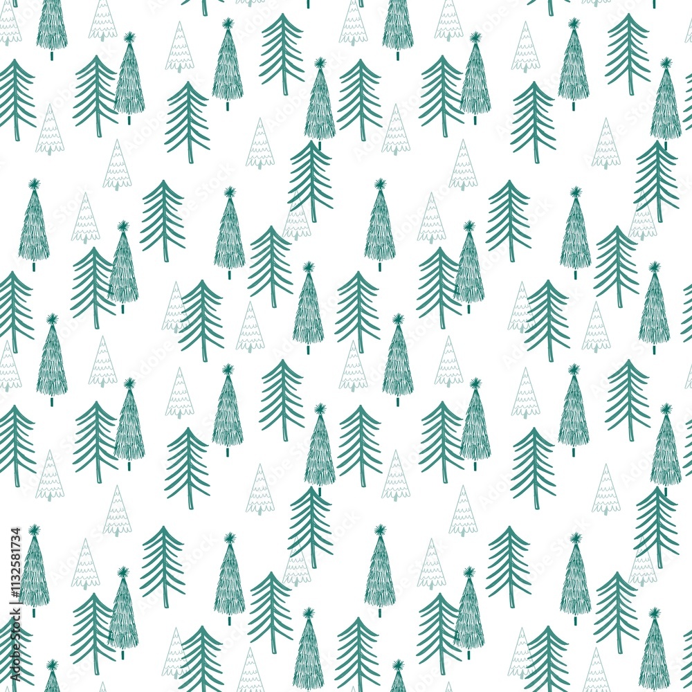 Obraz premium Seamless pattern featuring various green Christmas trees on a white background, perfect for festive designs and holiday decor projects. Christmas tree pattern