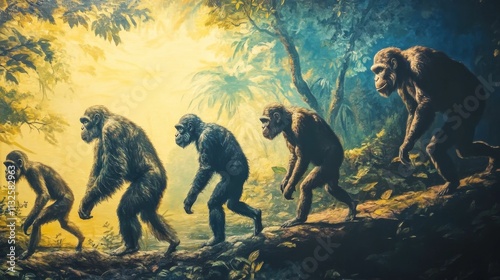 Primate evolution depicted in painted jungle scene. photo