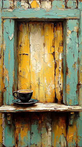 Rustic wooden window display with a coffee cup on a saucer against a weathered painted wall. Generative AI
