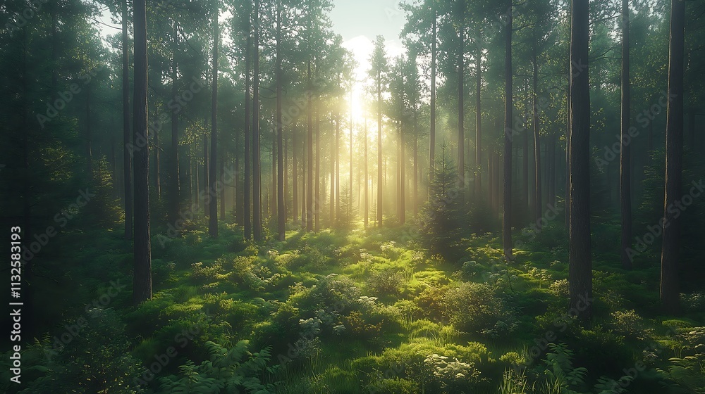 Obraz premium Sunlit Forest Path: A sunbeam pierces through the dense canopy of a lush forest, illuminating a path through vibrant ferns and tall trees. The scene evokes tranquility and the beauty of nature. 