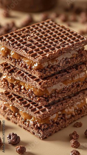 Chocolate wafer layers filled with caramel and crunchy bits create a delicious dessert treat for any occasion. Generative AI