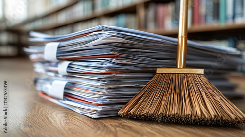 Stacks of documents on wooden floor with a broom nearby in a library setting during the day. Generative AI
