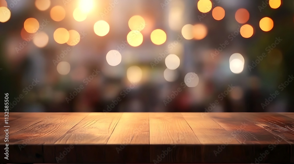 A polished dining table with subtle reflections, blurred silhouettes of people celebrating in the background with colorful party lighting, warm and lively ambiance, cinematic depth,