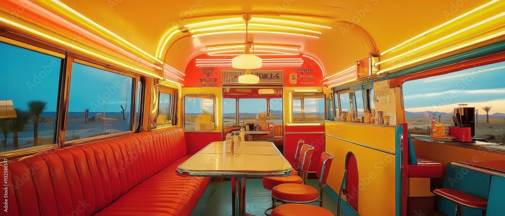 Fototapeta premium Retro Diner Interior Desert Landscape View
