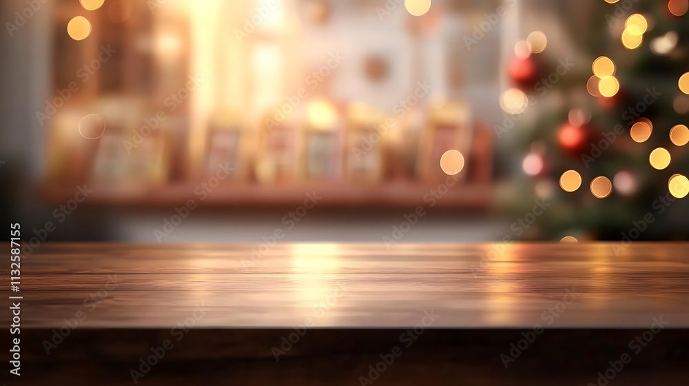 Fototapeta premium A polished square table with a glossy finish, surrounded by blurred New Year calendars and shimmering ornaments in the background, festive bokeh effect, warm golden hues, photorealistic details,