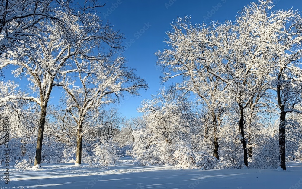 Fototapeta premium A snowy forest illuminated by warm sunlight streaming through the branches under a bright blue sky for a peaceful winter day