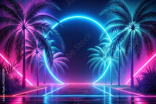 A Retro Futuristic Landscape with Palm Trees Silhouetted Against a Vivid Sunset and a Glowing Grid