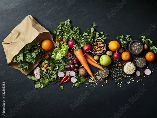 Vibrant Assortment of Nutritious Ingredients Spilled from Paper Bag on Black Slate Background