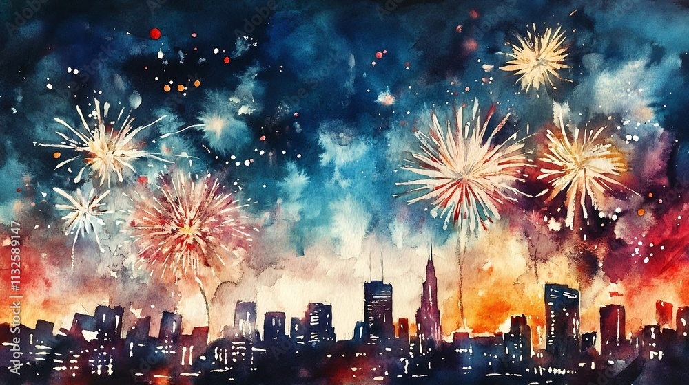 Obraz premium Vibrant Watercolor Fireworks Painting Celebrating the New Year in the City