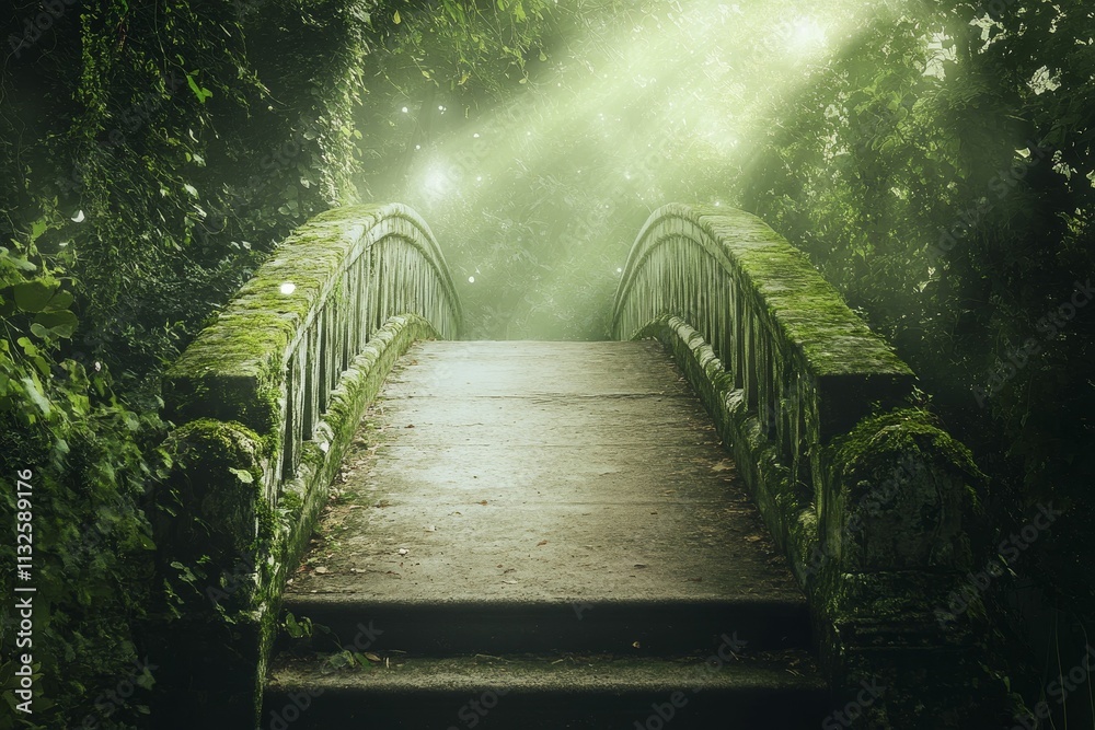 Fototapeta premium Moss-covered bridge, forest path, sunlight filters through trees.