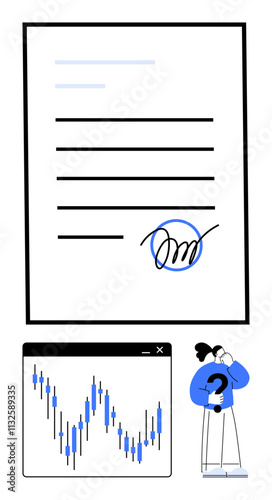 Person analyzing fluctuating stock chart while contemplating near an unsigned contract with a blue pen signature. Ideal for finance, investments, trading, decision making, uncertainty, business