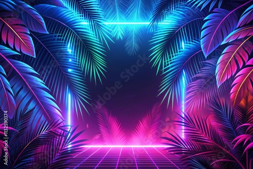 A Retro Futuristic Landscape with Palm Trees Silhouetted Against a Vivid Sunset and a Glowing Grid