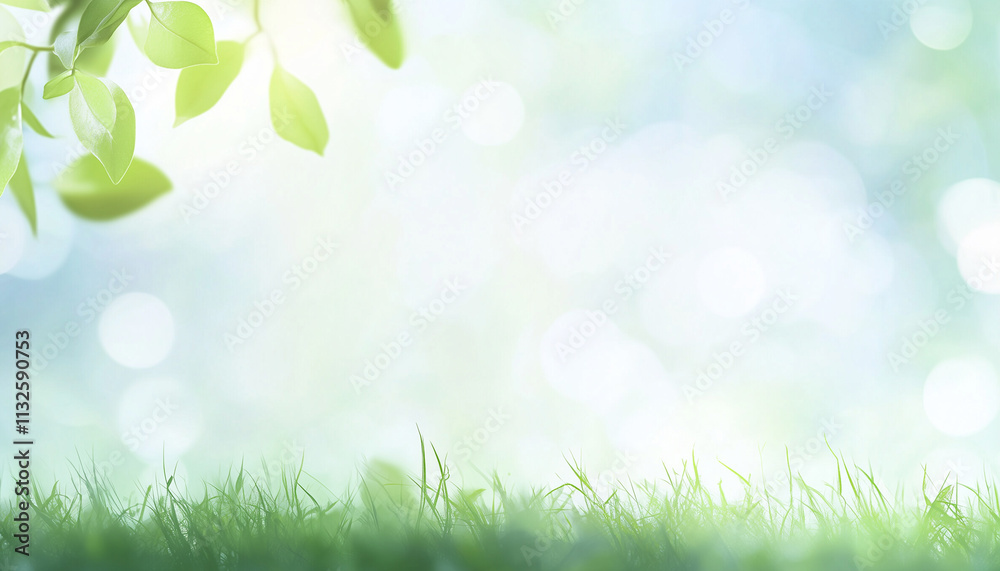 Obraz premium Tranquil Spring Background With Green Grass and Blue Sky for Seasonal Designs