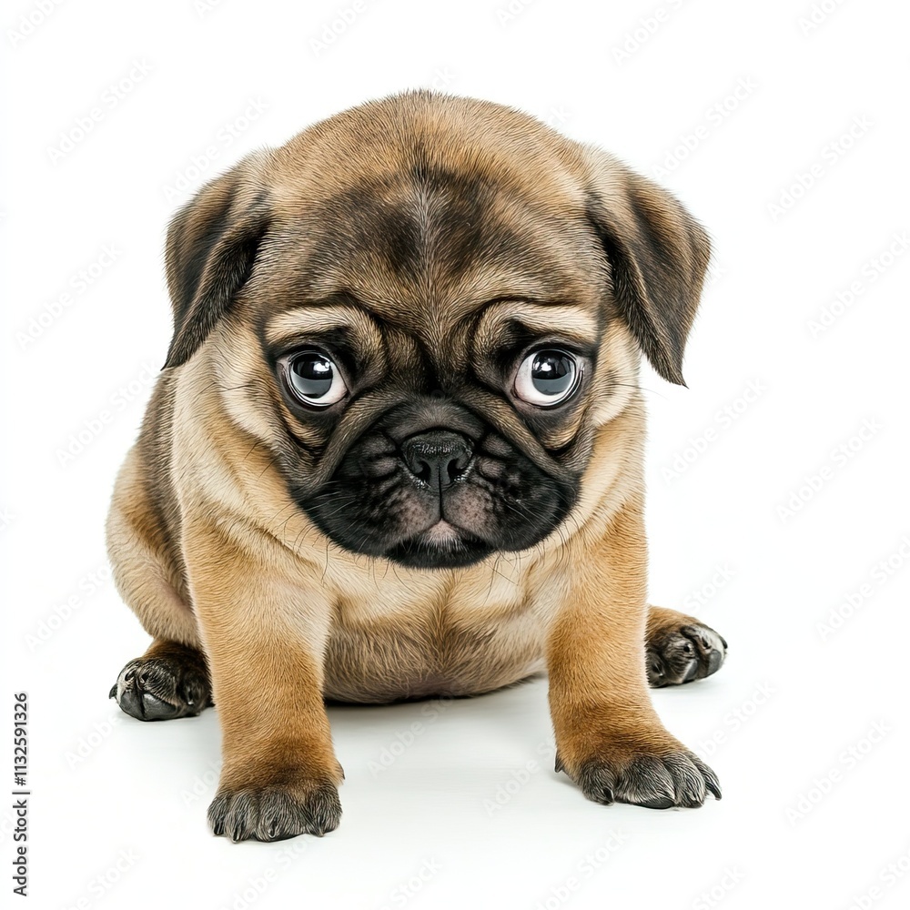 Obraz premium Adorable pug puppy with large eyes sits on floor.