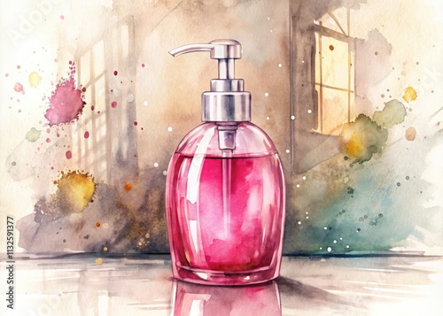 Watercolor paints a worn pink soap bottle, echoing the city's forgotten beauty, an urban exploration.