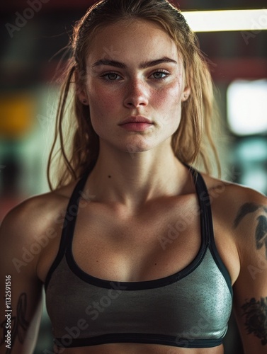 White woman Flyweight class boxer with strong gaze and red boxing gloves in boxing gym photo