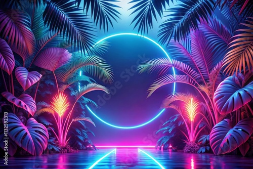 The retro style tropical background is illustrated with neon lights
