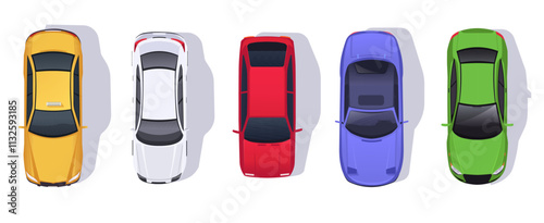 Illustration of five cars in yellow, white, red, blue, and green colors shown from top view, parked in a row, isolated on white background. Vector illustration