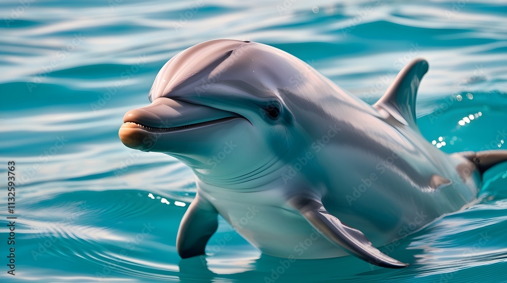 Naklejka premium A happy dolphin swimming and jumping in blue ocean water