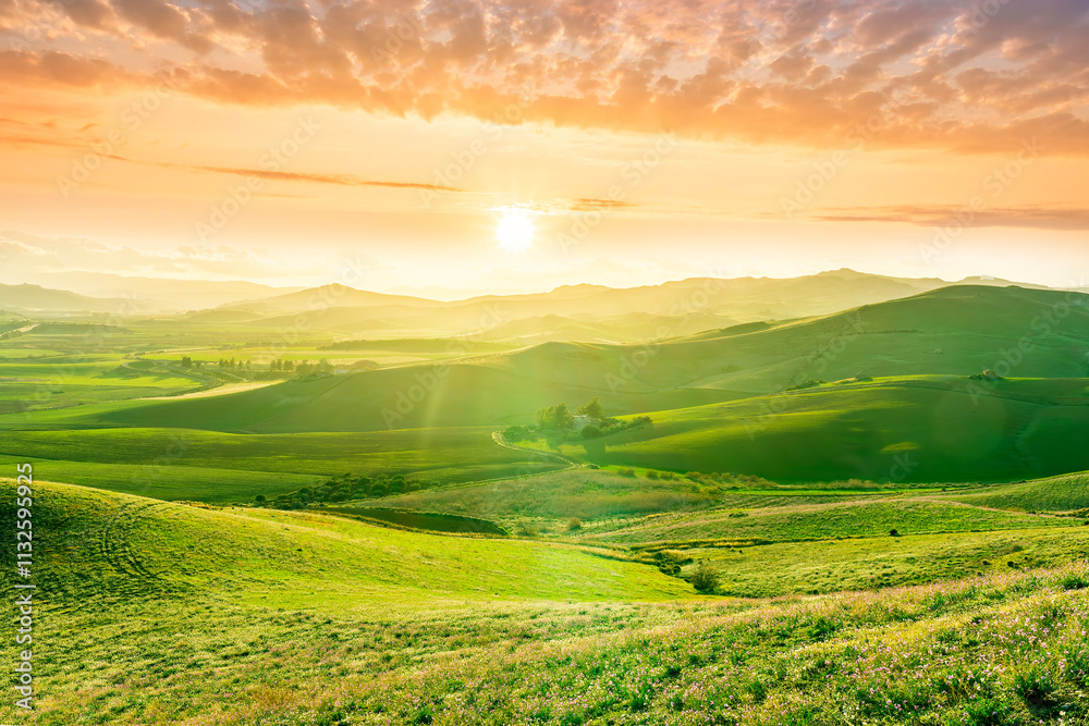 Obraz premium beautiful green valley with green fields with green spring grass with nive hills and mountains and scrnic colorful cloudy sunset on background of landscape
