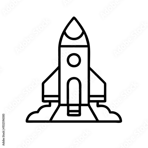 rocket on launch pad icon, space day line art, space icon - simple black line art icon of rocket on launch pad, symbolizing space day celebrations. space vector art.