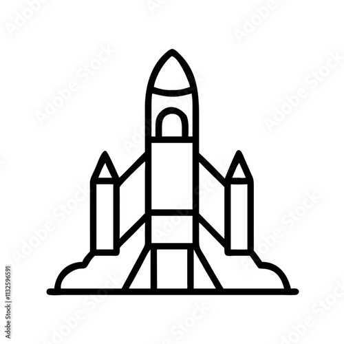 rocket on launch pad icon, space day line art, space icon - simple black line art icon of rocket on launch pad, symbolizing space day celebrations. space vector art.