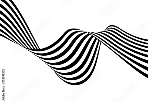 Abstract black and white striped wave flow on transparent background.
