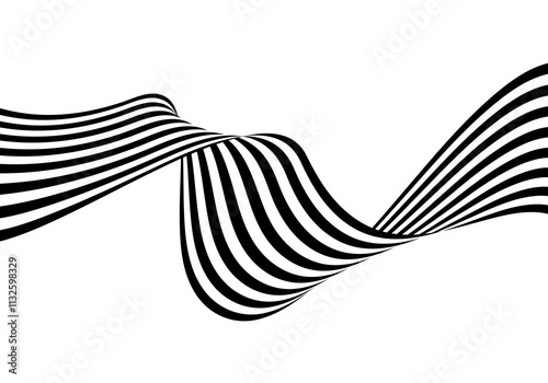 Abstract black and white striped wave flow on transparent background.
