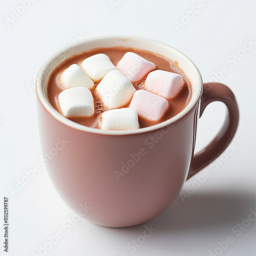 Hot cacoa in cute mug with white and pink marshmallows. Generative ai design art concept. photo